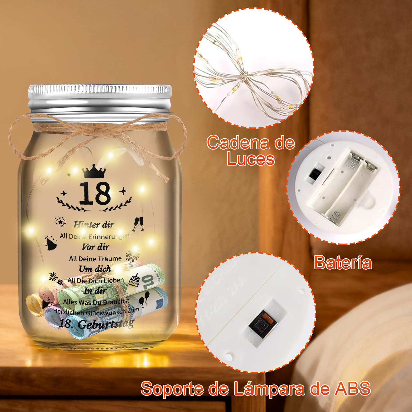 Tarro de Regalo con Luz para 18º Cumpleaños - Idea con Iluminación para Decoración de Fiesta y Dinero