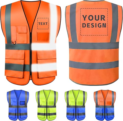 Miniatura 10 de Chaleco de seguridad con logotipo personalizado, chaleco de seguridad reflectante de alta visibilidad con 5 bolsillos y tiras reflectantes, chaleco