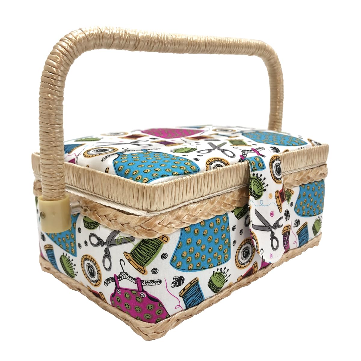 Small Empty Wooden Sewing Box, Fabric Lined Sewing Box with 4 Compartments, Organizer with Pin, Storage Box with Handle