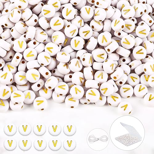 Miniatura 7 de 500 cuentas del alfabeto redondas de 0.157 x 0.27 pulgadas (0.157 x 0.276 in), cuentas de letras blancas doradas para pulseras, fabricación de