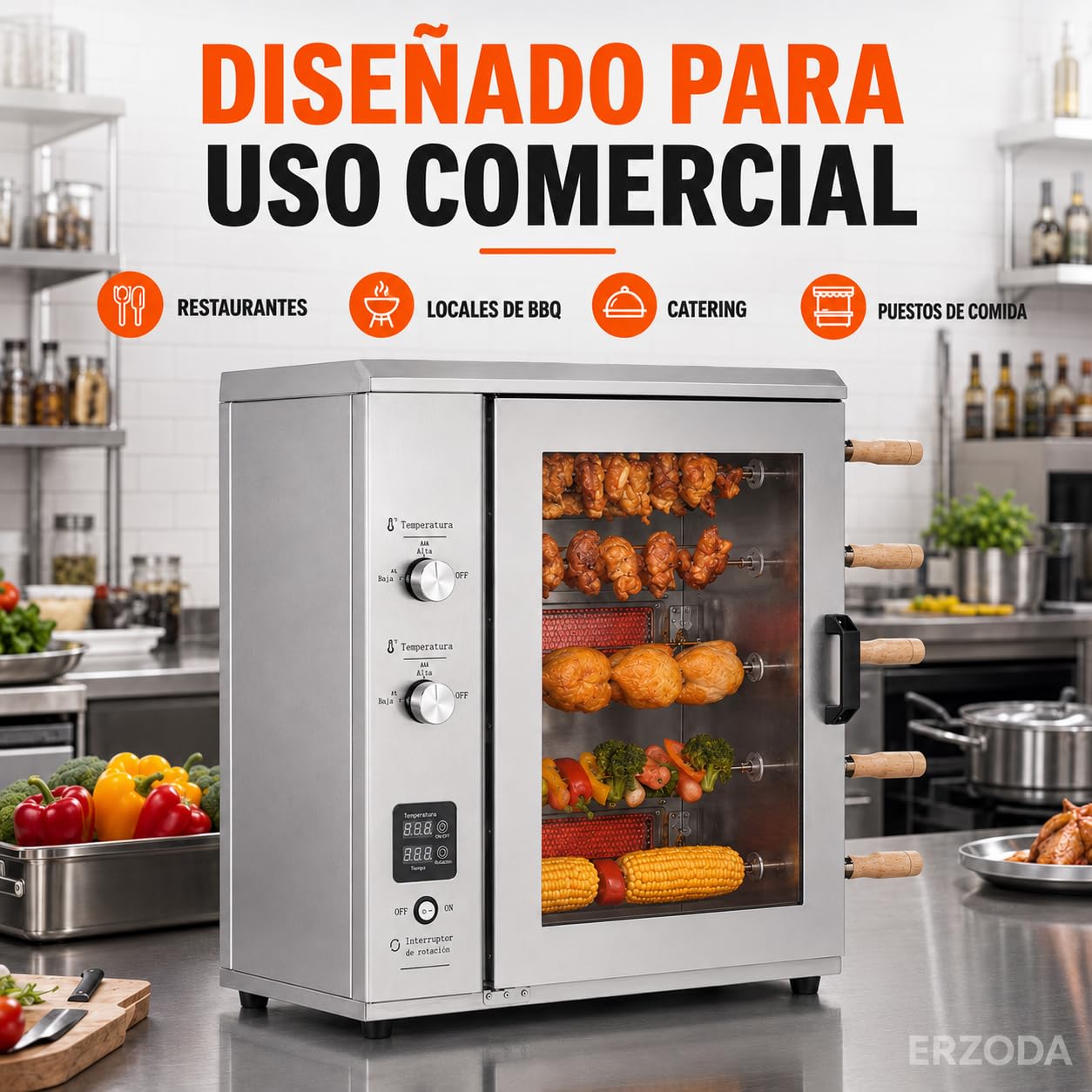 Asador de Pollos Profesional a Gas GLP, Horno Rotativo de Sobremesa con 5 Brochetas, Acero Inoxidable y Puerta de Vidrio