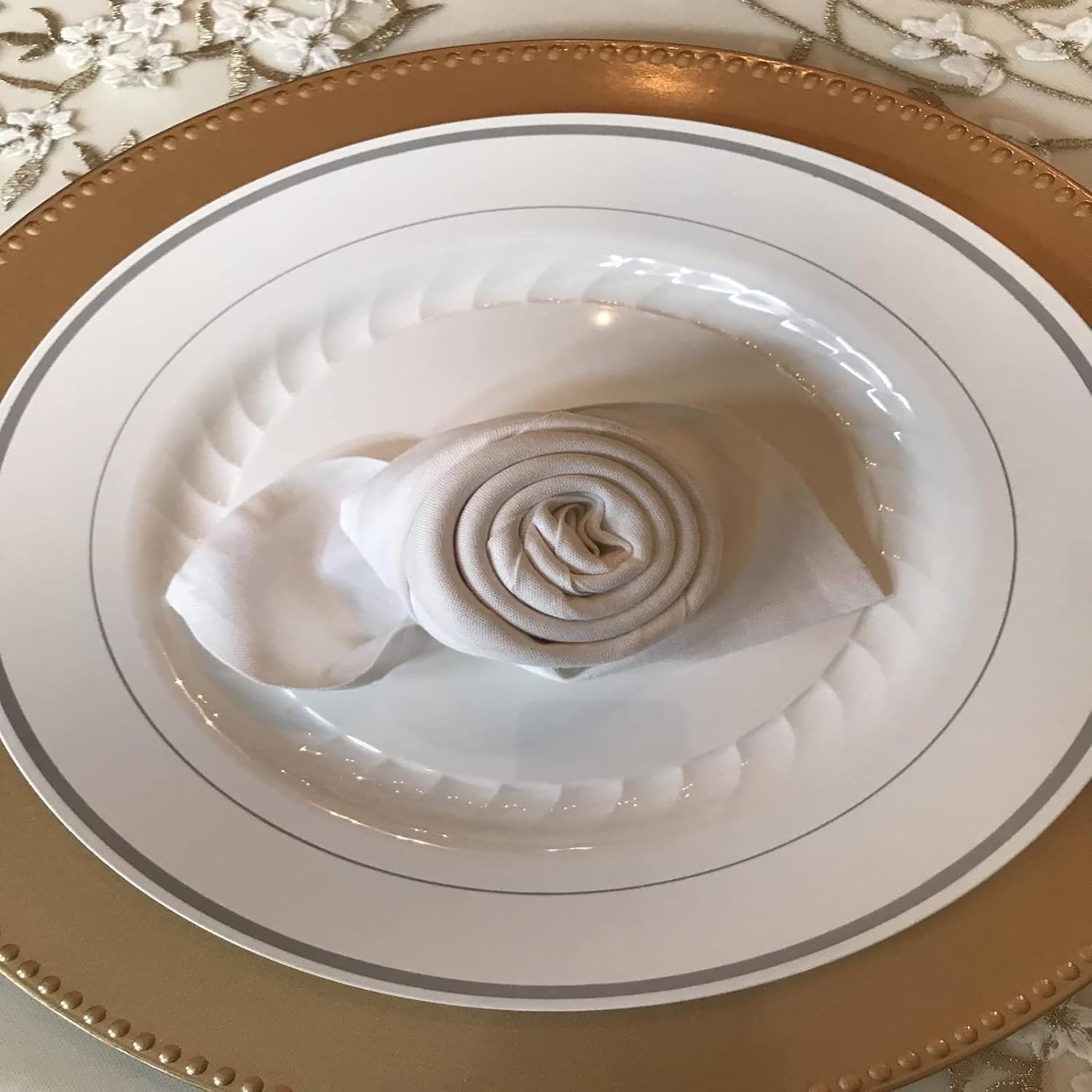 6 Pack Bead Charger Plates, 13 Inch Gold Charger Plates, Plastic Decoration Charger for Dinner Plate, Wedding Catering Event Decoration, Tabletop Decor