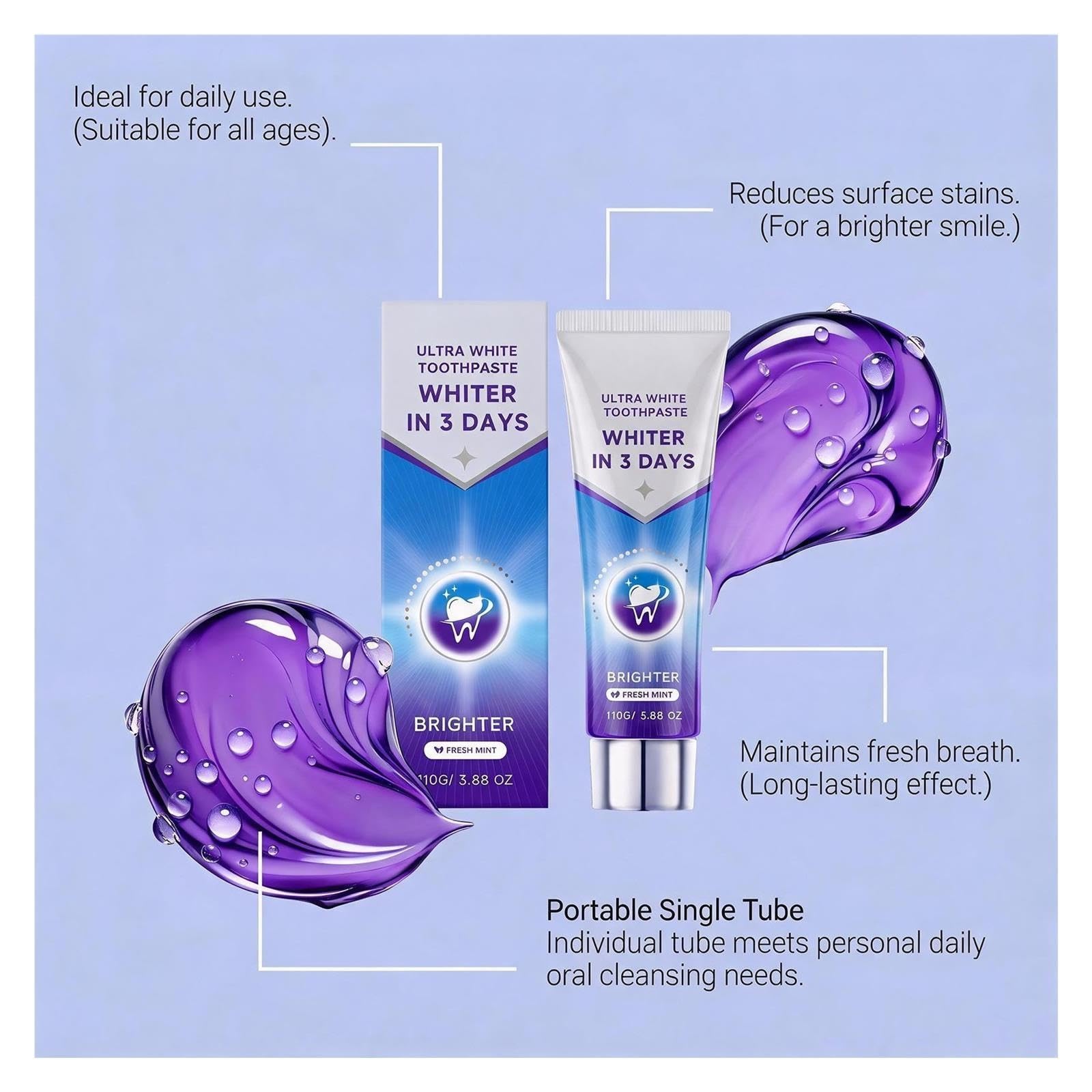 Dentifrice violet rafraîchissant, élimine en douceur les taches à la surface des dents, protège l'émail et rafraîchit l'haleine(3pcs)
