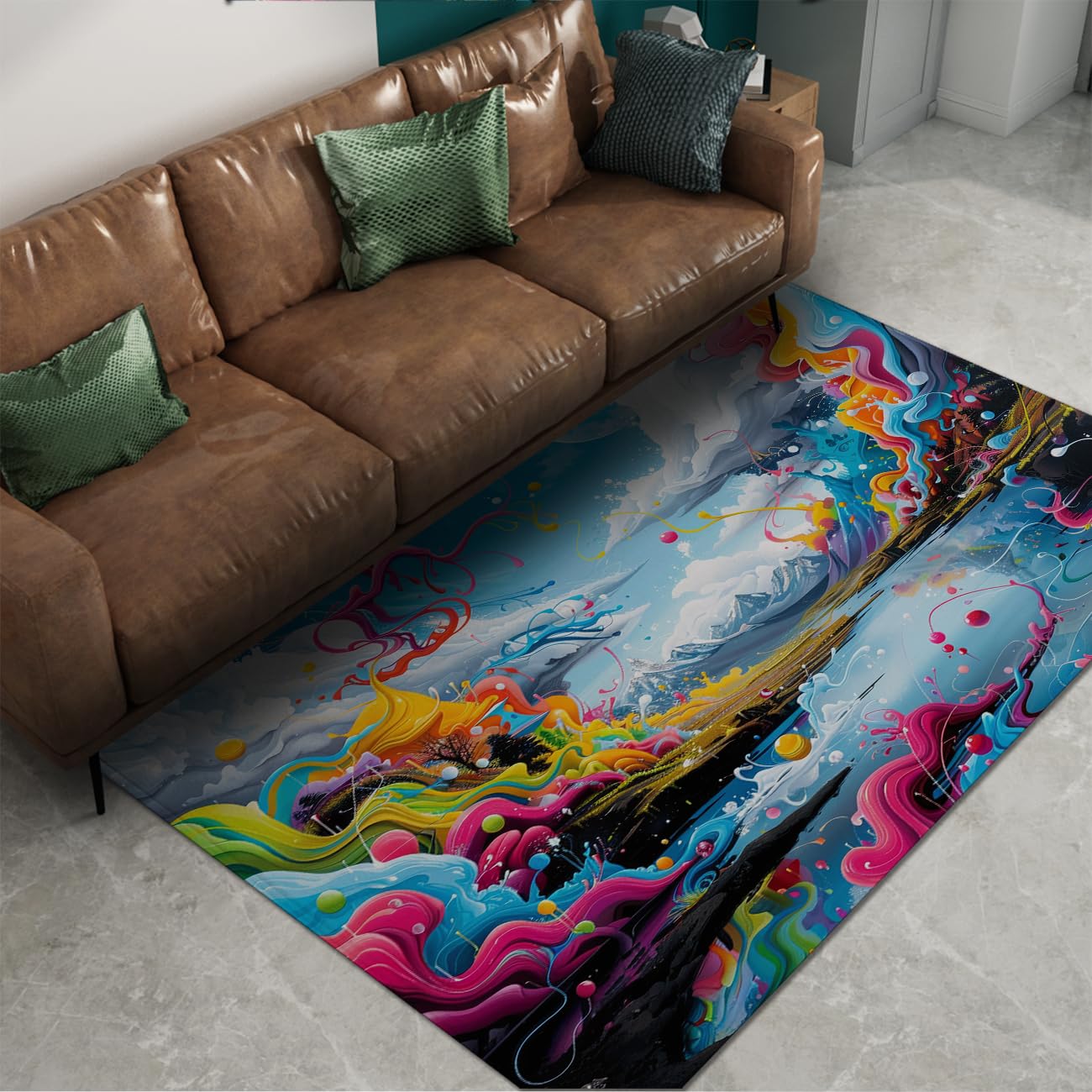 Tapis salon abstrait 140x200cm lavable tapis de porte motif rivière coloré
