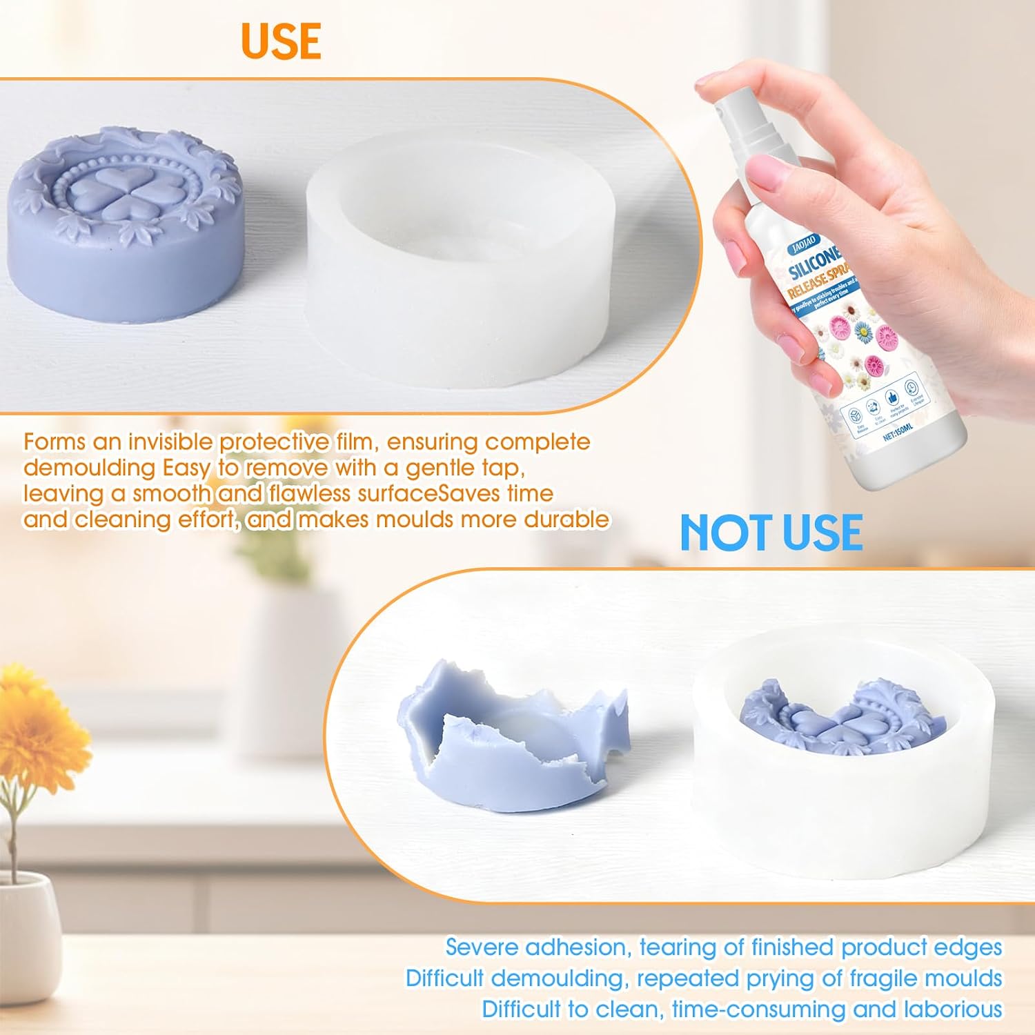JAOJAO Silicone Release Spray, Epoxy Release Spray Strong Mould Fast Drying Non-Stick Release Extends Mould Life Easy to Clean Widely Compatible for Rubber Concrete Soap Moulds