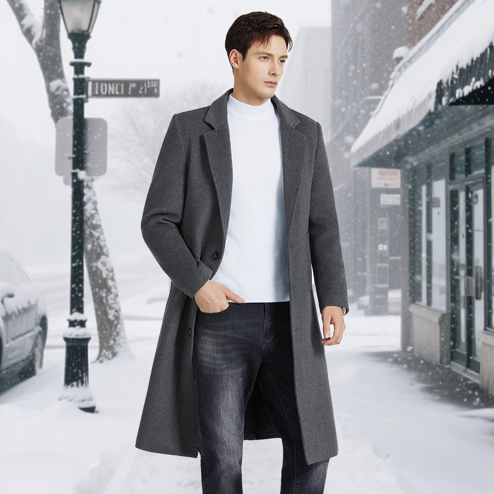 MODFUL Abrigo largo de lana para hombre con cuello muesca, abrigo cálido de invierno, informal, corte ajustado