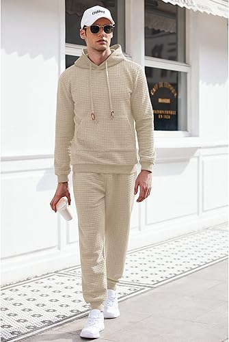 Miniatura 2 de COOFANDY Conjunto deportivo de 2 piezas para hombre, conjunto deportivo con capucha, a cuadros, jacquard