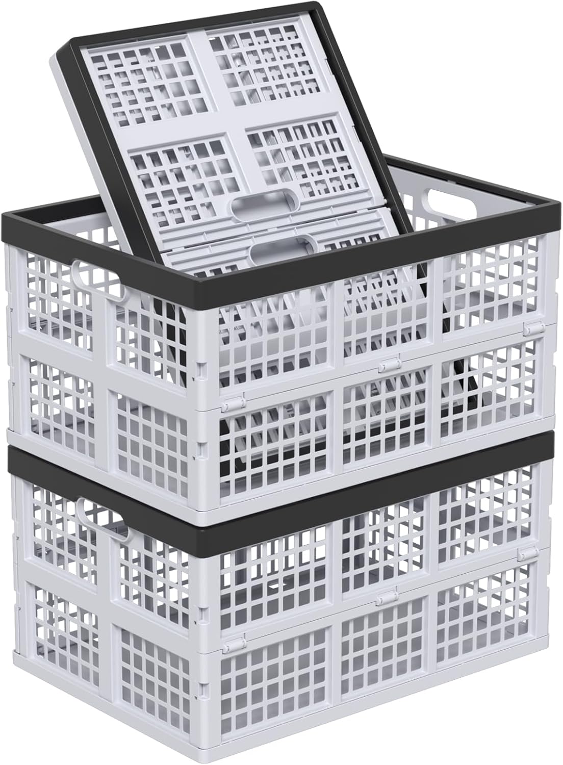Pack of 3 Collapsible Storage Container Crates, Large Folding Basket Box with Handle, Grey, 42 L