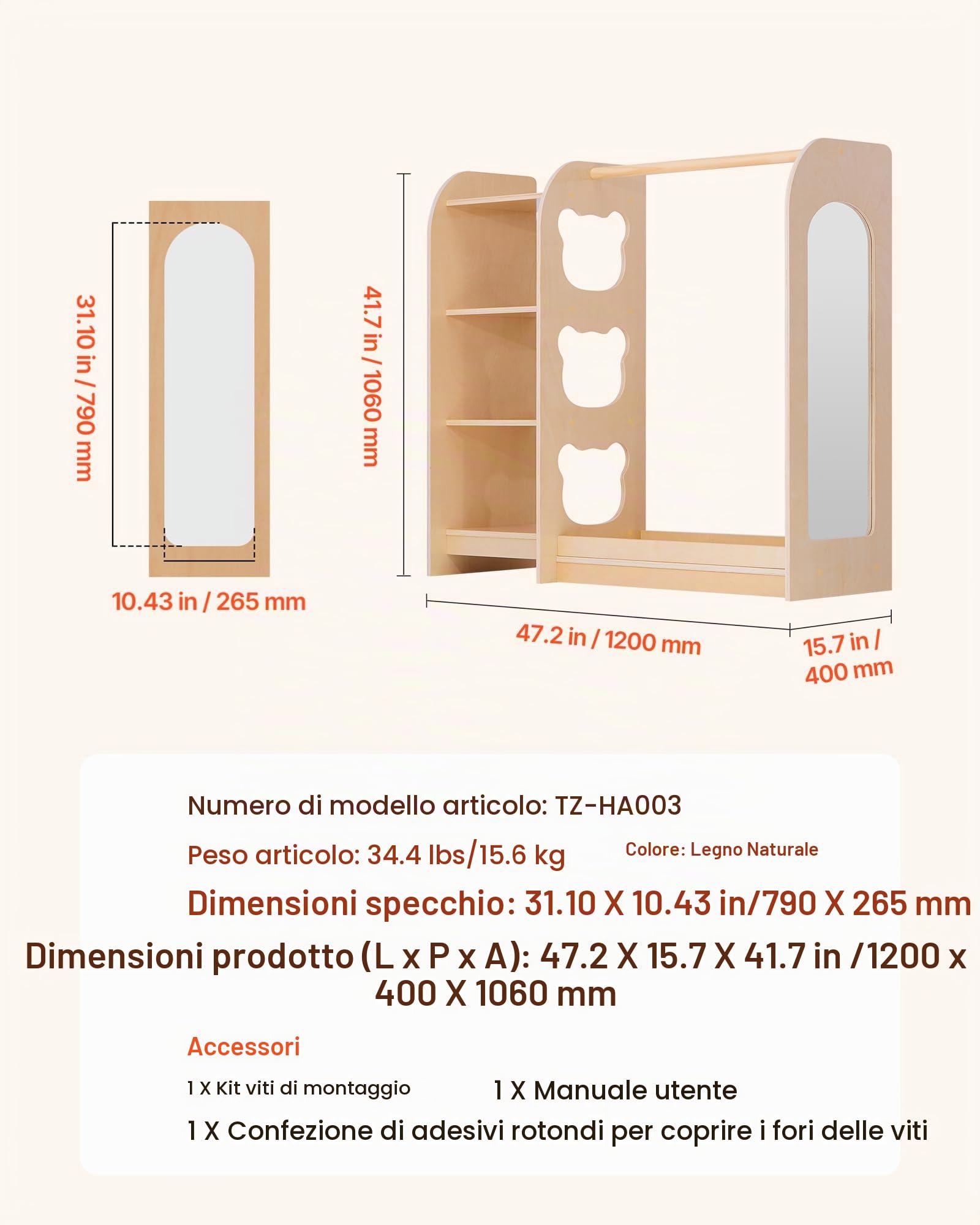 VEVOR Armadio per Bambini con Specchio, Guardaroba Appendiabiti in Materiale Legno, Mobile Contenitore per Cameretta Stanza dei Giochi Camera da Letto Giocattoli Travestimenti Organizzazione Vestiti