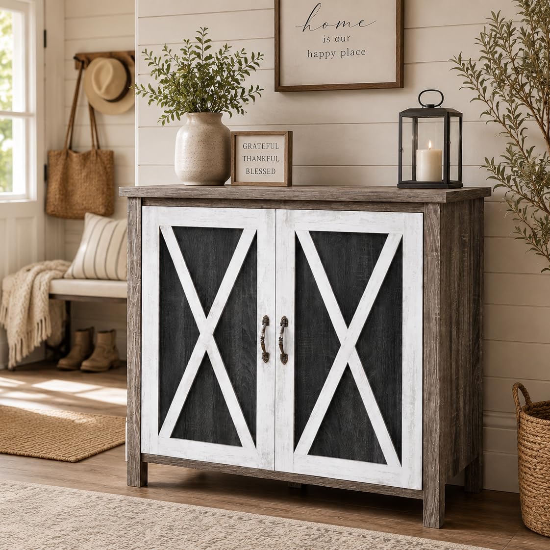 Haven Engineered Wood Storage Cabinet | Farmhouse Sideboard with Double Doors & 3 Shelves | Multi-Purpose Storage Organizer for Living Room, Dining Room & Bedroom | Rustic Grey & White Finish-image-20
