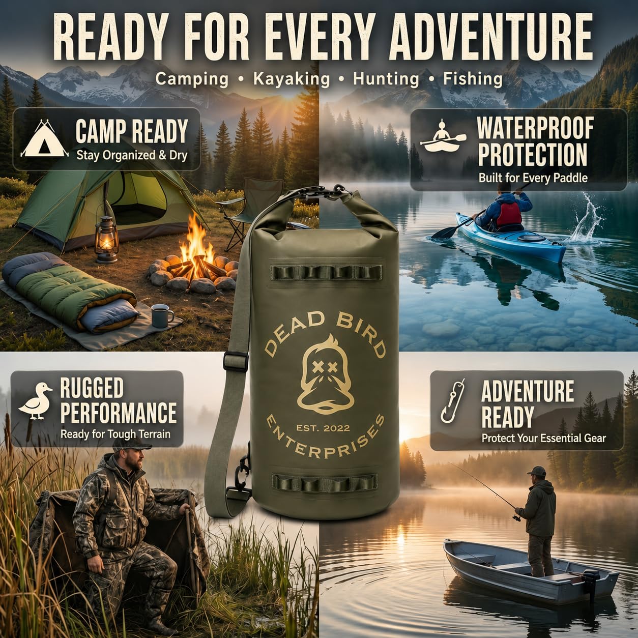 Dead Bird Enterprises Wasserdichter 20-Liter-Trockensack, militärgrüne Muscheltasche mit Roll-Top-Verschluss für Entenjagd, Kajakfahren, Camping, Strand, Bootfahren und Angeln, 500D PVC-Plane