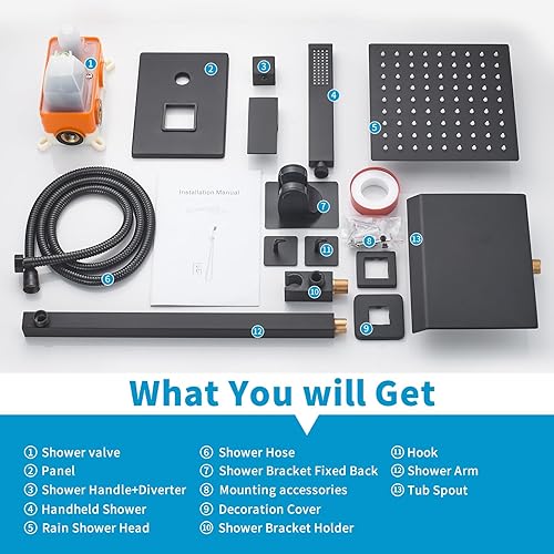 Miniatura 7 de Juego de grifo de ducha negro mate con boquilla de bañera de 10 pulgadas, cabezal de ducha y mango con 2 ganchos, combo de grifo de bañera y ducha,