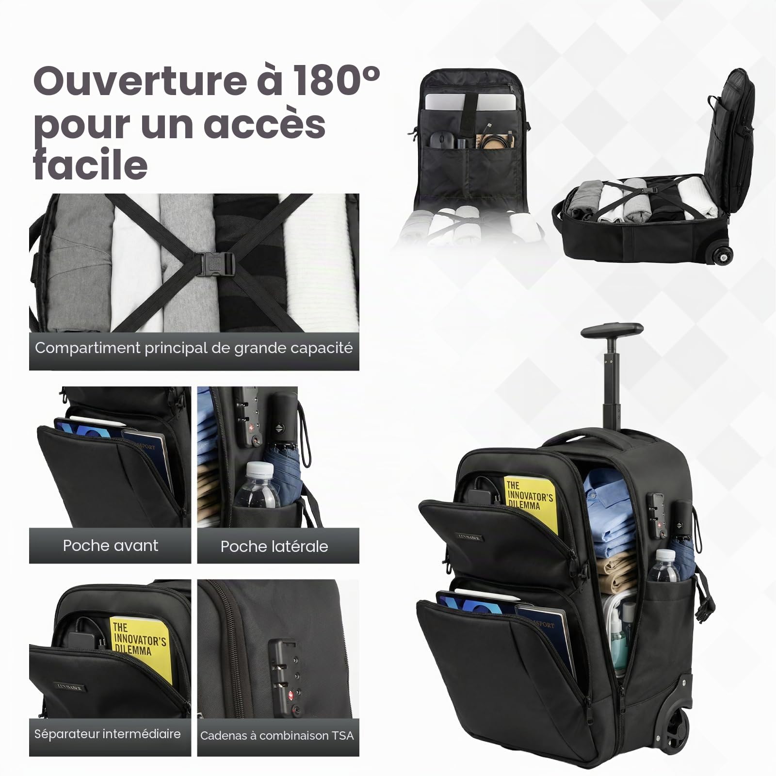 Hivexagon Sac à Dos de Voyage Cabine 37 L à roulettes, Grande capacité, avec Serrure à Code, Roues silencieuses et résistantes, Bretelles dissimulées, idéal pour Les Voyages d'affaires ou de Loisirs