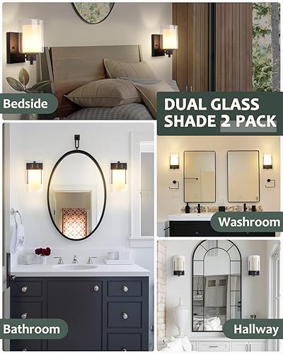 Miniatura 6 de Paquete de 2 lámparas de tocador de baño, 1 luz, luz de pared negra para interiores con pantalla de vidrio doble, aplique de pared de baño de