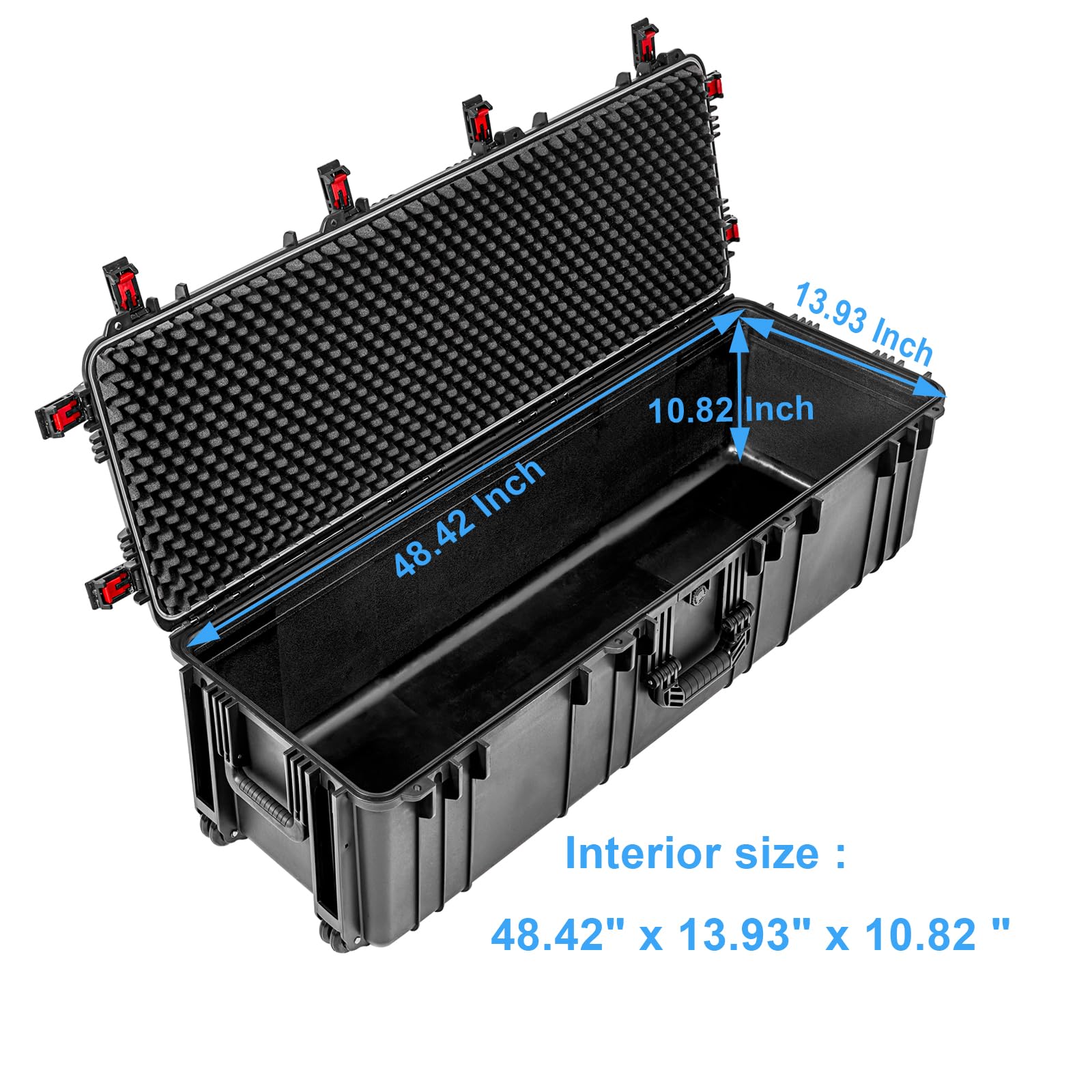 Regetek Waterproof Rolling Case 52 x 17x 13 Inch, with Foam/Wheels/ 3 Large Handles for Camera, Tool, Equipment, Crushproof, Lockable, Transport Roller Hard Case, Inner 48.42