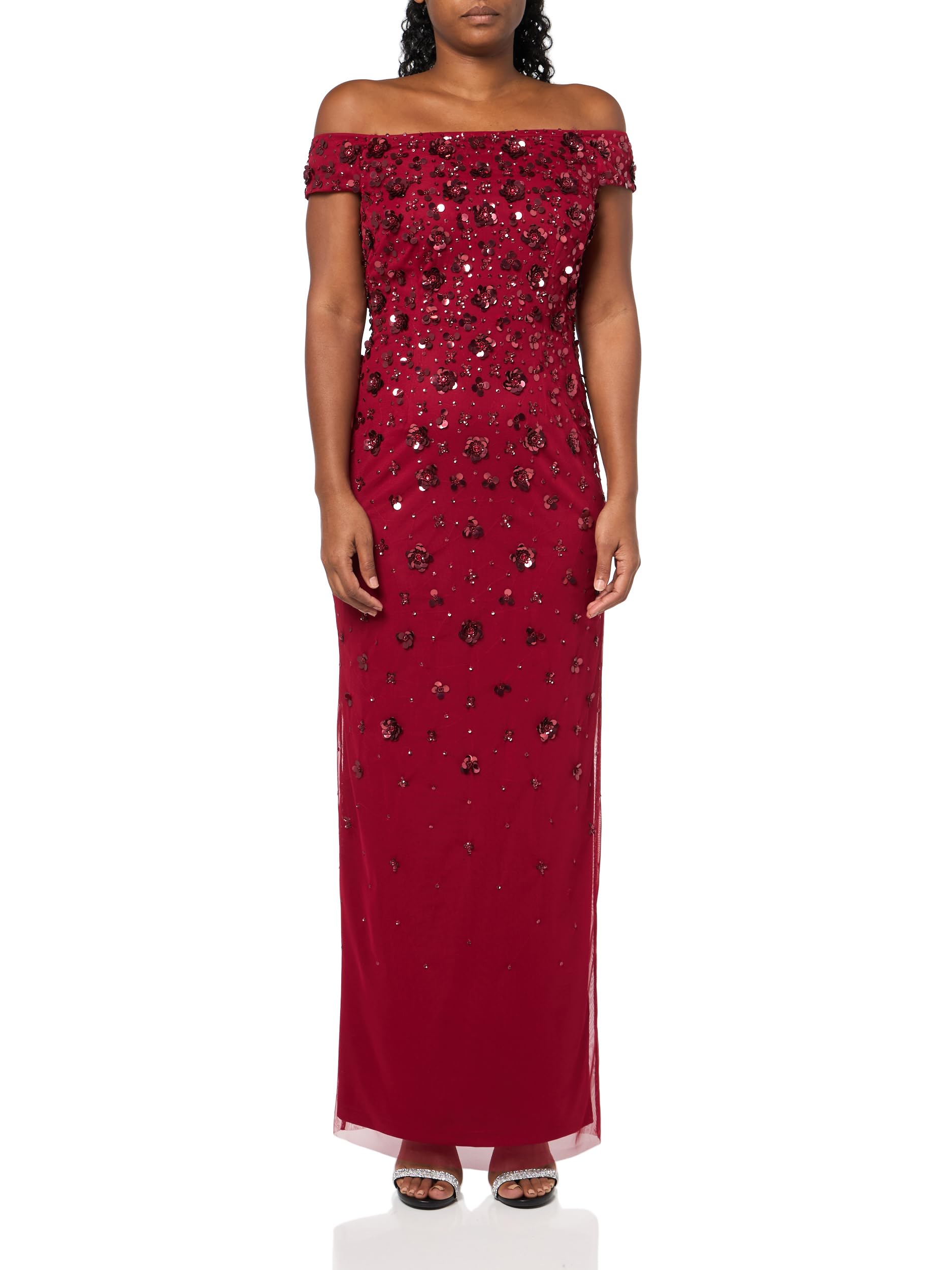 Adrianna Papell Women's Off Shoulder Beaded Dress, Cranberry, 14