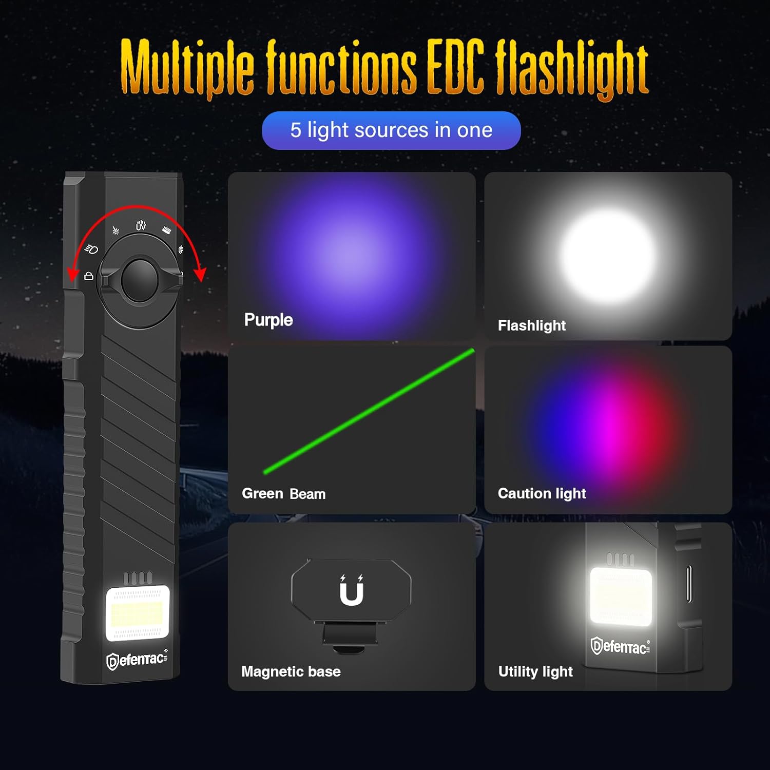 DEFENTAC 1300lm Aluminum EDC Flashlight 5-in-1 Combo