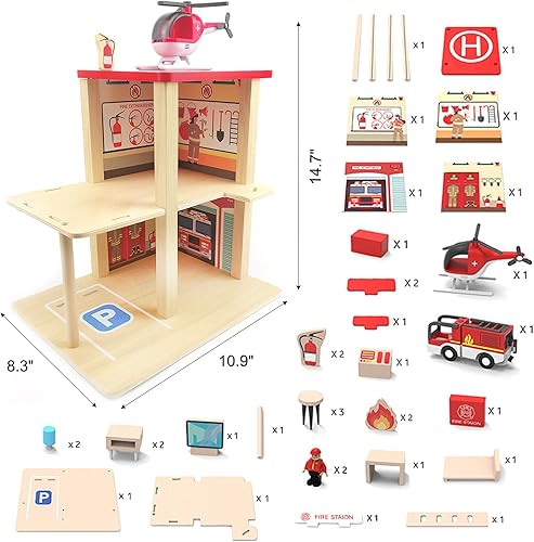 Miniatura 7 de Juego de estación de bomberos de madera, casa de muñecas multicolor de 3 niveles con figuras, camión, helicóptero y accesorios, juguetes educativos