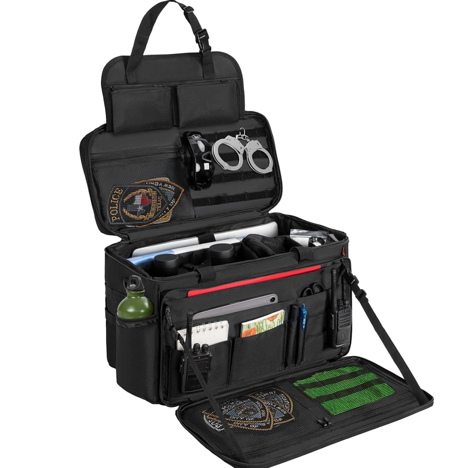 Patrol Bag Law Enforcement, Police Gear Bag Car Front Seat Organizer for Police with Laptop Layer and Cup Holders, MOLLE System, Fits Vehicle Passenger Seat Black