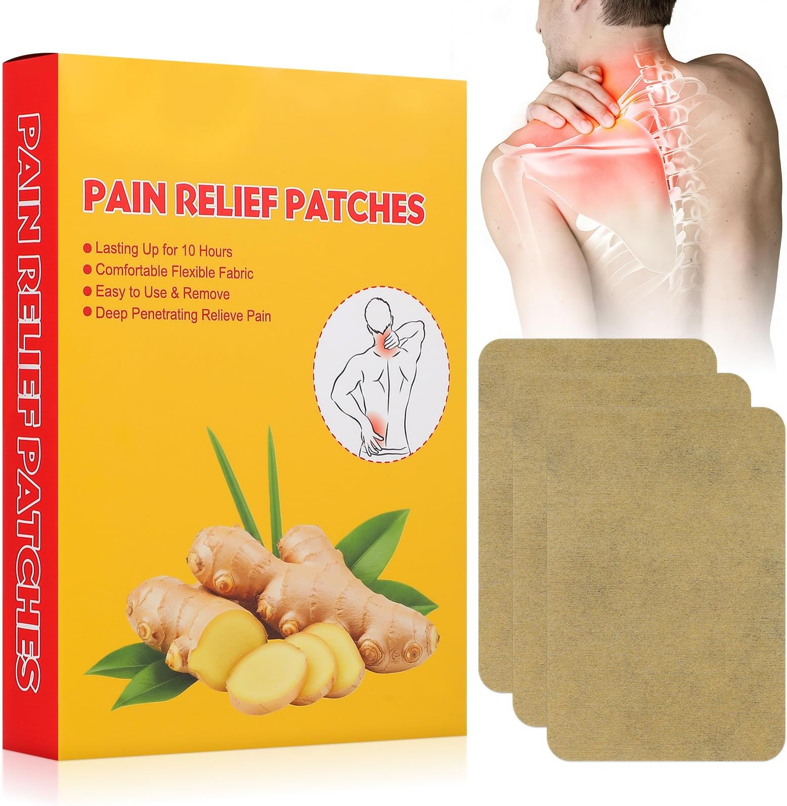 Ginger Patches for Pain Relief, 50pcs Herbal Pain Relief Patches,12 x 8 cm Adhesive Ginger Heat Patche - Blood Circulation Pads for Back Migraine Neck Sciatica Arthritis Cervical Joint (50)