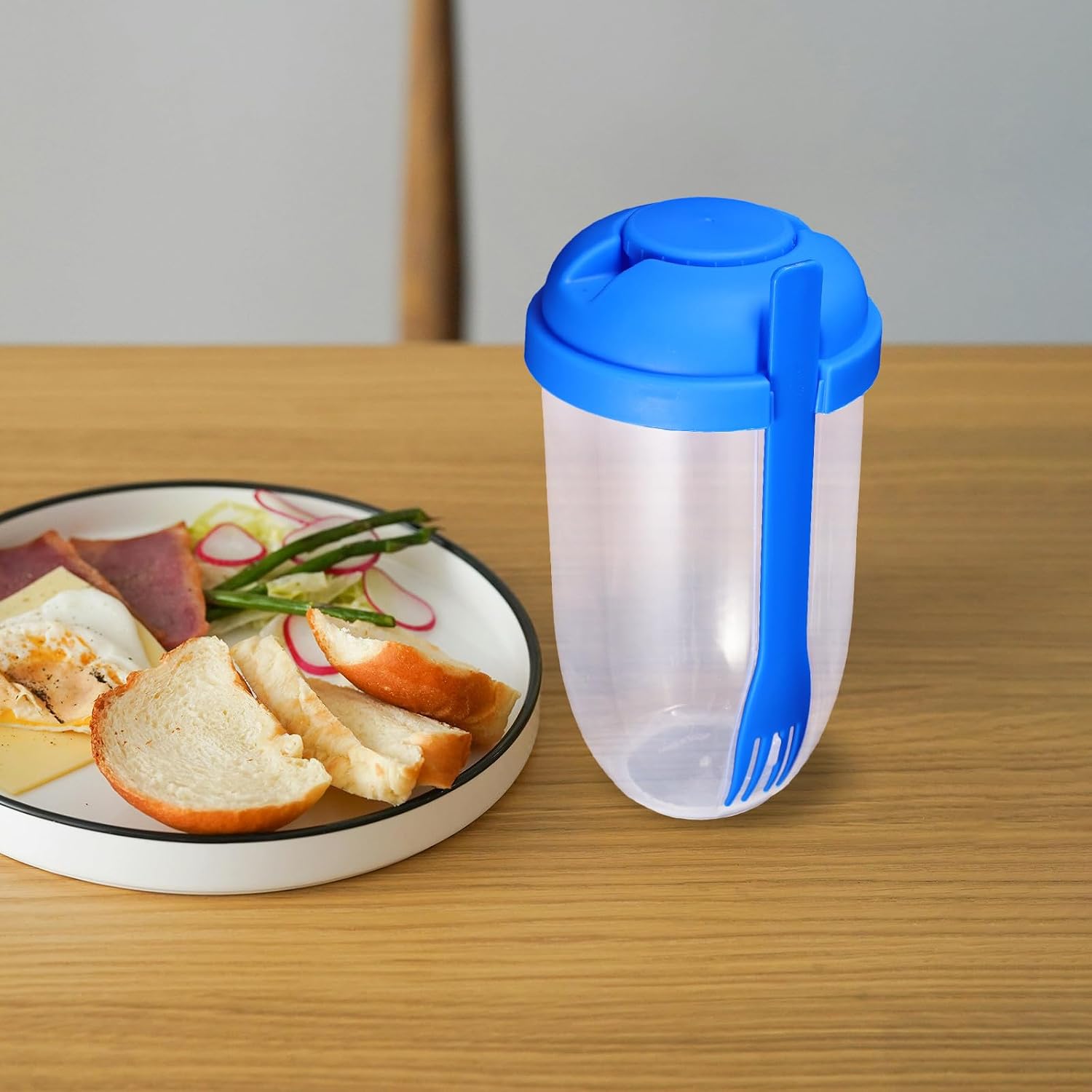 Portable Salad Shaker Cup Blue Plastic Leakproof with Fork