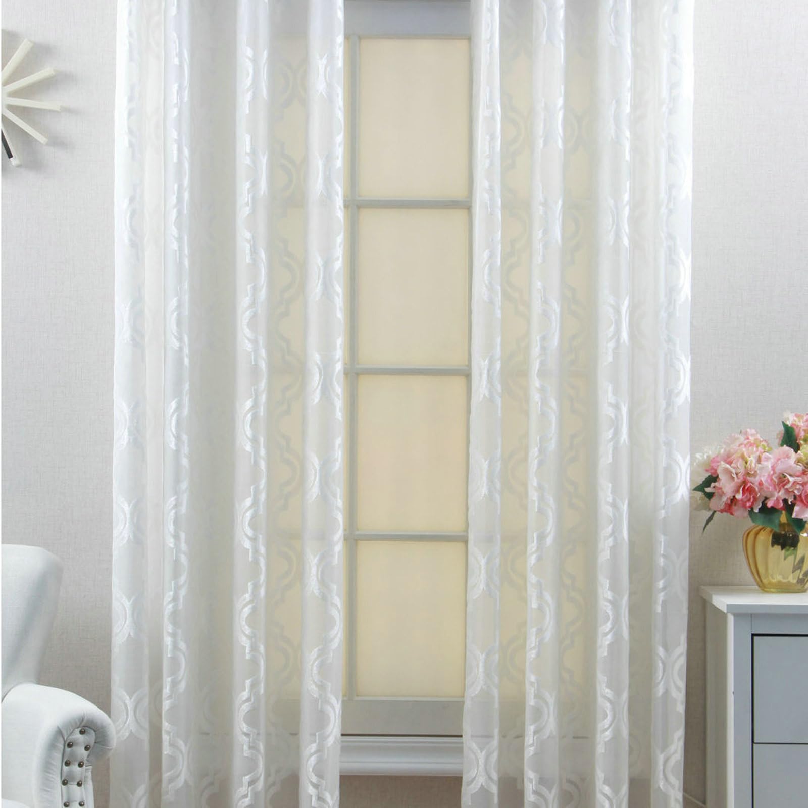 Rideaux Voilages, 2 Pièces, 264x214CM, Blanc avec Crochets, Jacquard Géométrique, 132x214 cm x 1pc