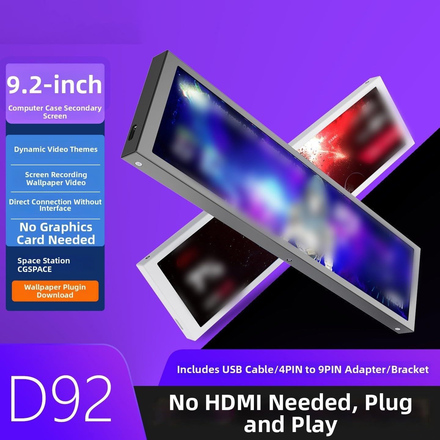 Mirabox D92 - Pantalla secundaria de chasis de PC de 9.2 pulgadas para monitoreo de temperatura de CPU, pantalla de hardware de juegos, aleación negra (negro)