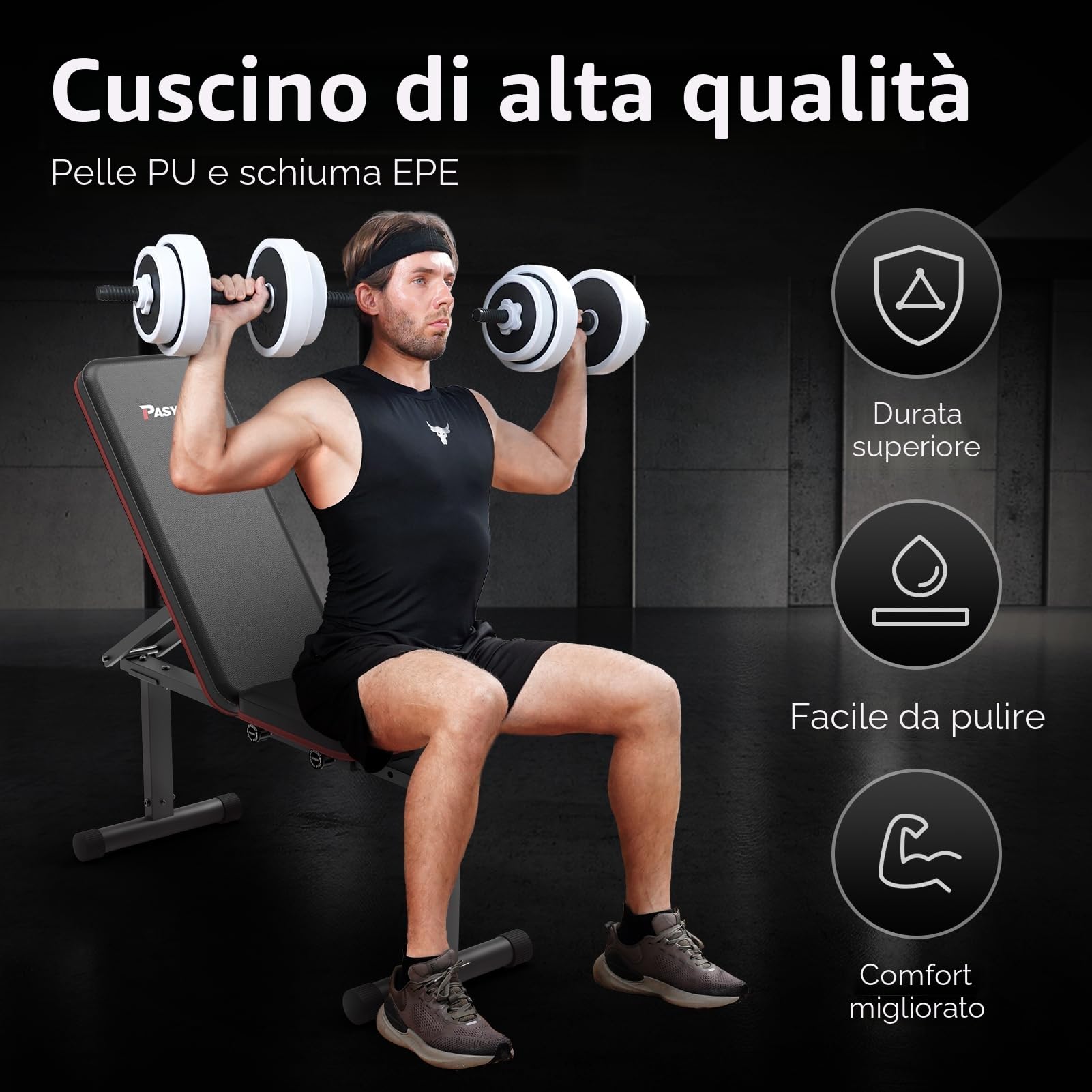 PASYOU PB200 Panca Palestra, 90°Esercizi Su Panca Verticale, Inclinata e Piana, Panca Pesi con schienale regolabile in 5 direzioni, Panca Piana Adatto per Casa e Palestra, 300KG Panca