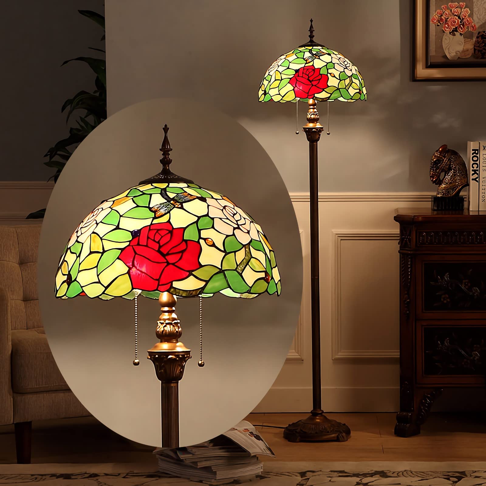 IUokLU 16" Tiffany-style Floor Lamp,Vintage Stained Glass StandLamp,63" Tall Resin Base ReadFloor Lamp, Bedroom, Office