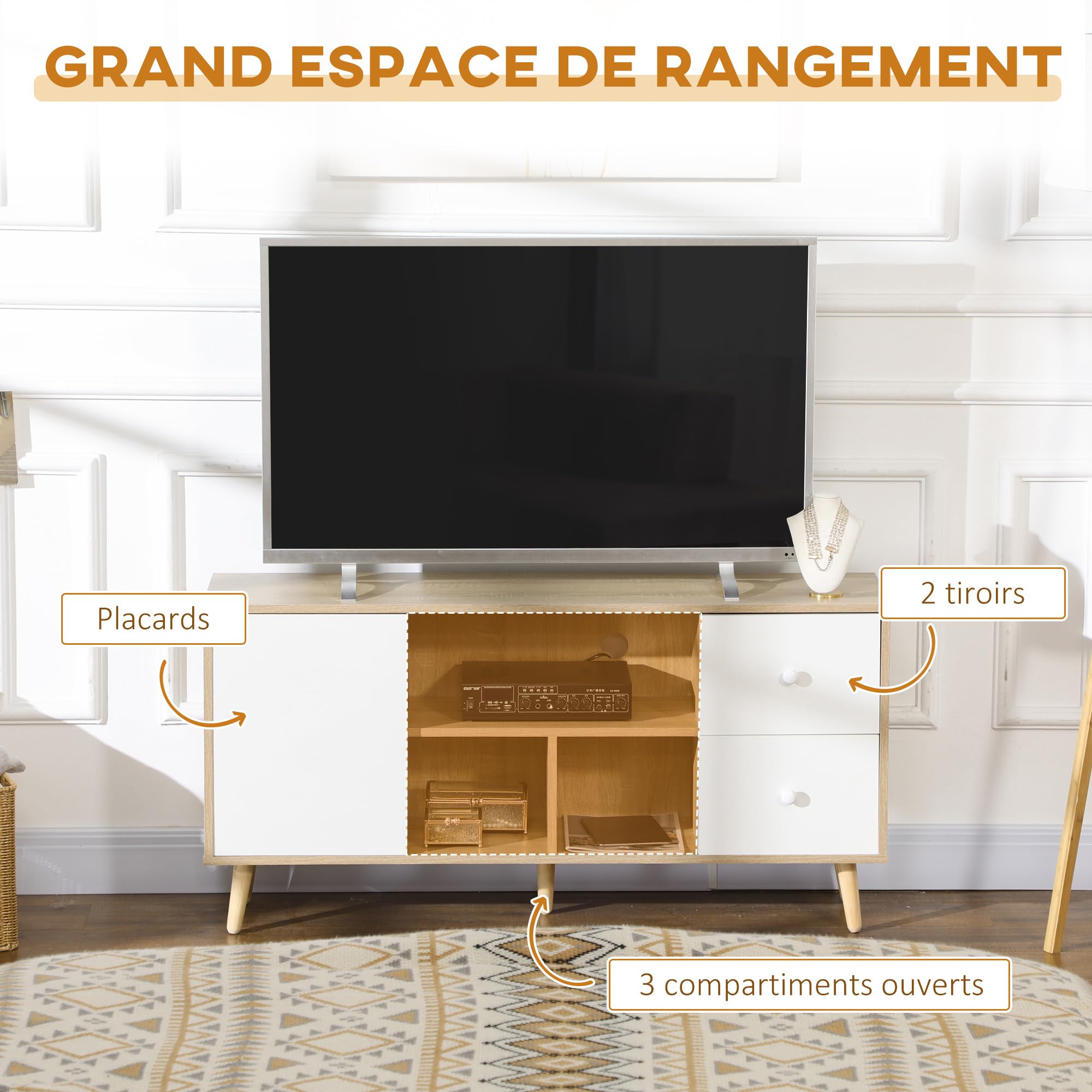 HOMCOM Meuble TV Banc TV jusqu'à 45 Pouces Pattes en Bois Massif 3 Niches | 1 Meuble avec Porte, 2 Tiroirs