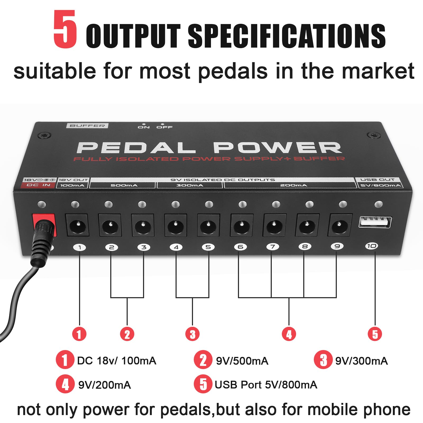 AKLOT Fully Isolated Guitar Pedal Power Supply 10 DC