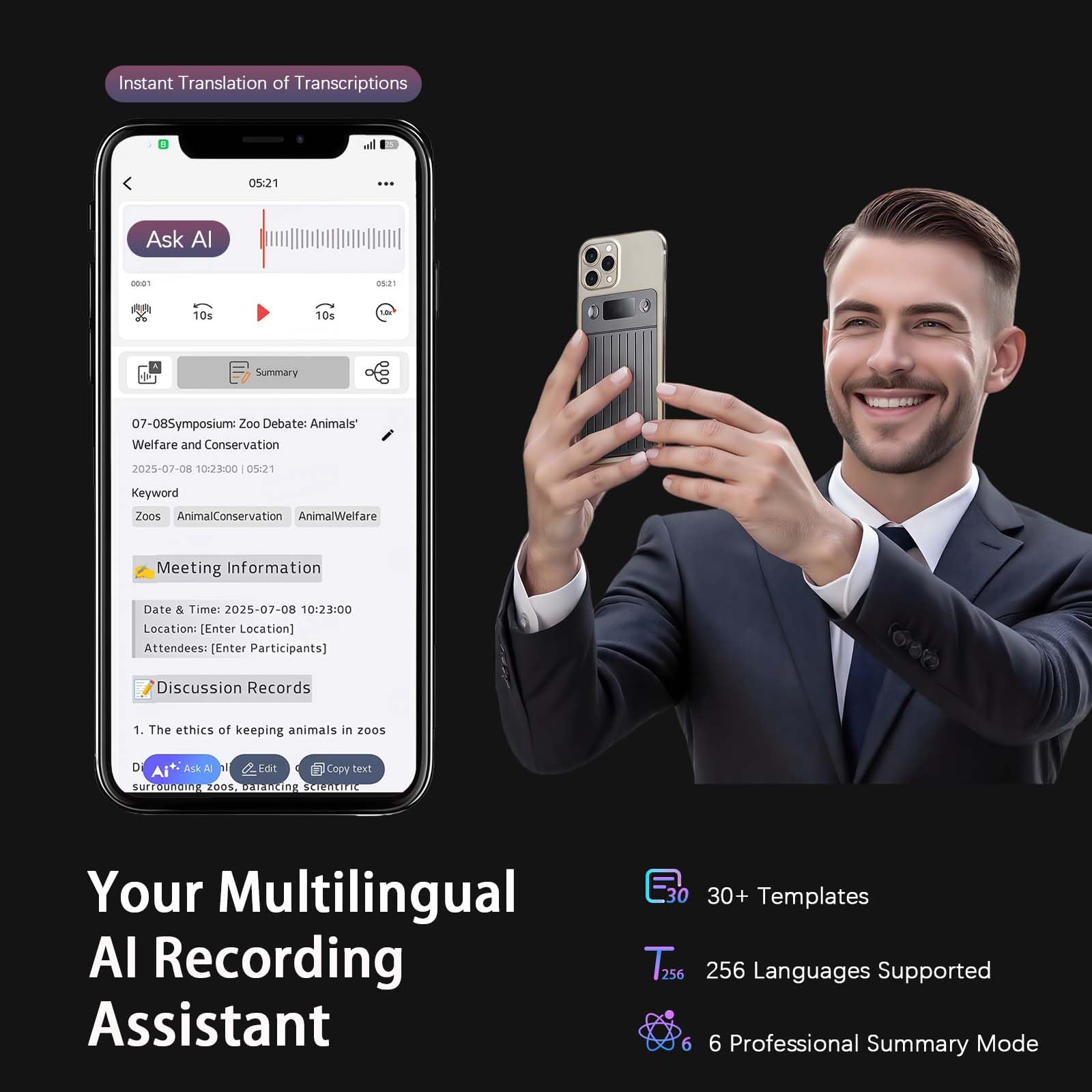 Registratore vocale digitale KI da 64 GB, registratore con trascrizione e riepilogo automatici, trascrizione in tempo reale, app, supporta l'importazione di file audio, 256 lingue 1
