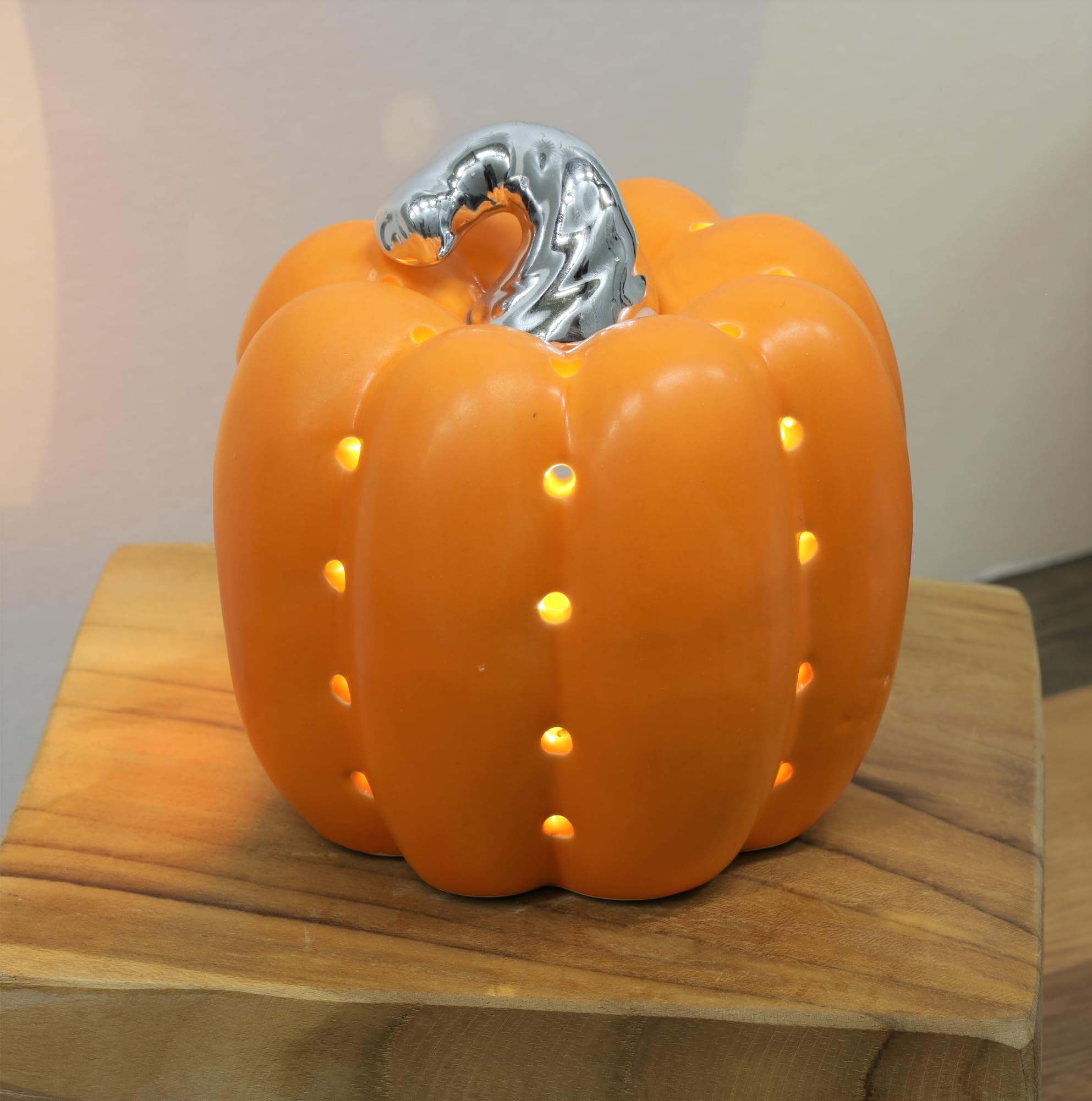 Fyne-Finds Orange Ceramic Pumpkin Tealight Candle Holders Cut Out Hole Halloween Festival Decoration (Orange)