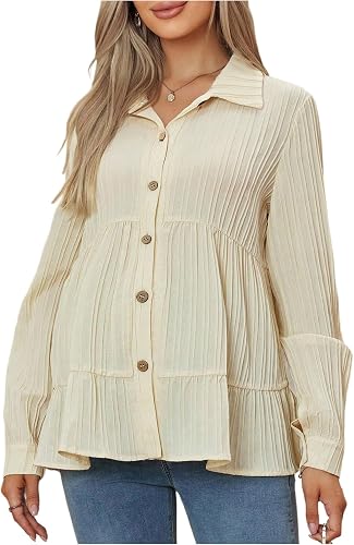 MakeMeChic Women's Maternity Blouse Button Down Ruffle Long Sleeve Pregnancy Shi
