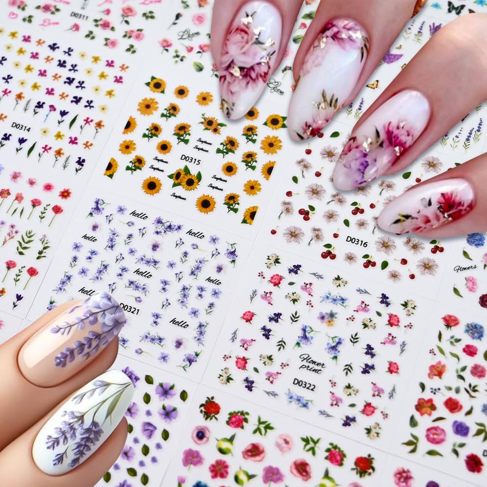 30 Sheets Flowers Nail Art Stickers Colorful Floral Butterfly Nail Stickers 3D Self Adhesive Cute Daisy Flower Nail Decals Spring Nail Supplies Nail
