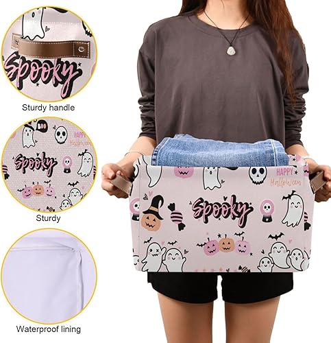 Miniatura 8 de Cesta de almacenamiento de lona plegable con asas, organizador de almacenamiento duradero de fantasmas de dibujos animados de Halloween para