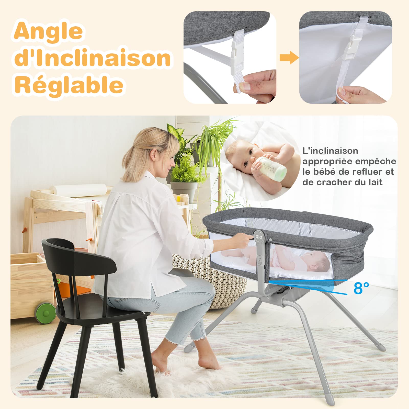 COSTWAY Berceau Bébé Pliable avec Matelas Moelleux de 2,5 cm, Lit de Voyage avec Inclinaison Réglable, Mode Berçant & Stationnaire, Maille Respirante, Sac de Transport, Charge 9 KG, 0-6 Mois