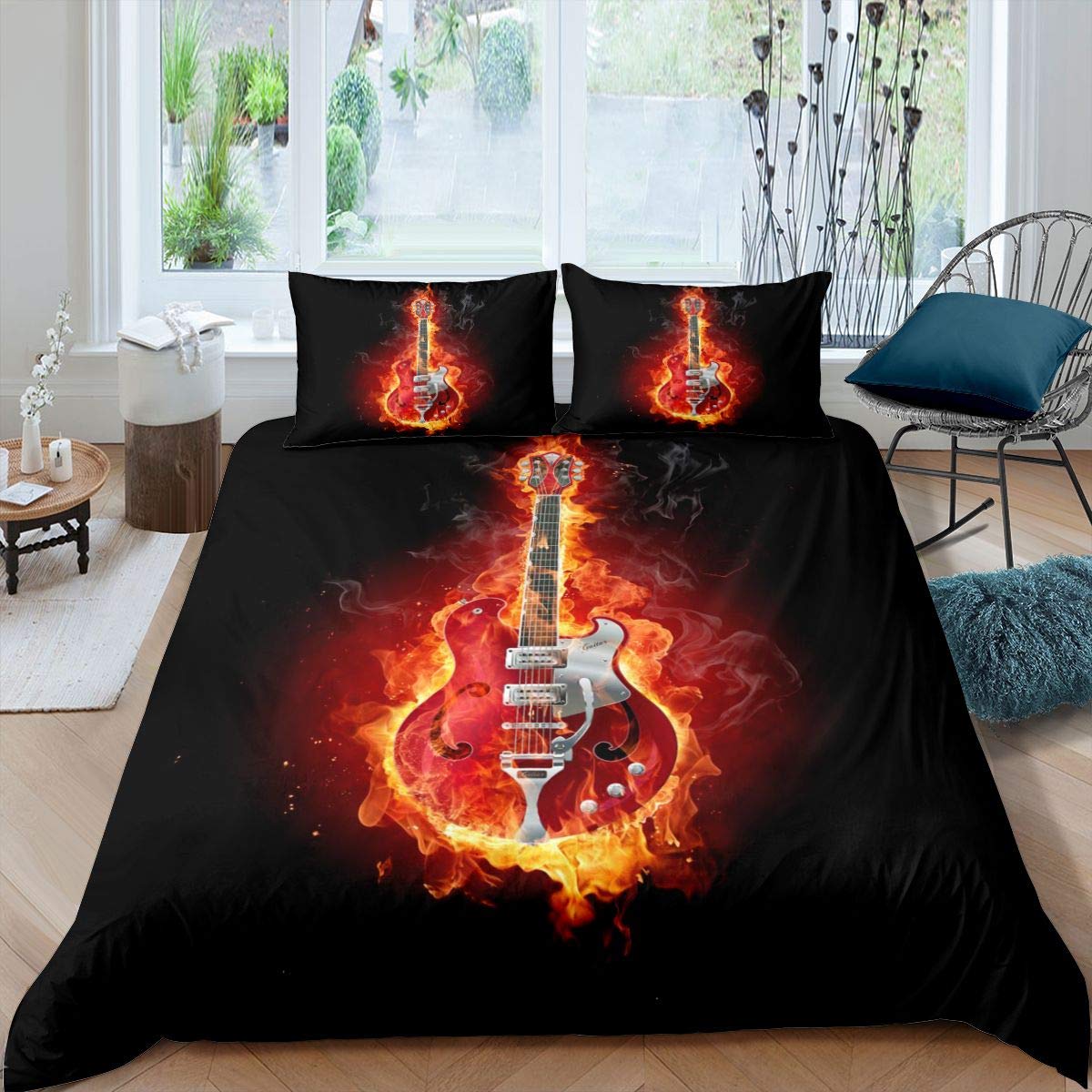 Guitar Duvet Cover Rock Music Themed Bedding Set For Kids Boys Girls Children Musical Pattern Comforter Cover Soft Chic Guitar Instruments Decor Bedspread King Size Zipper