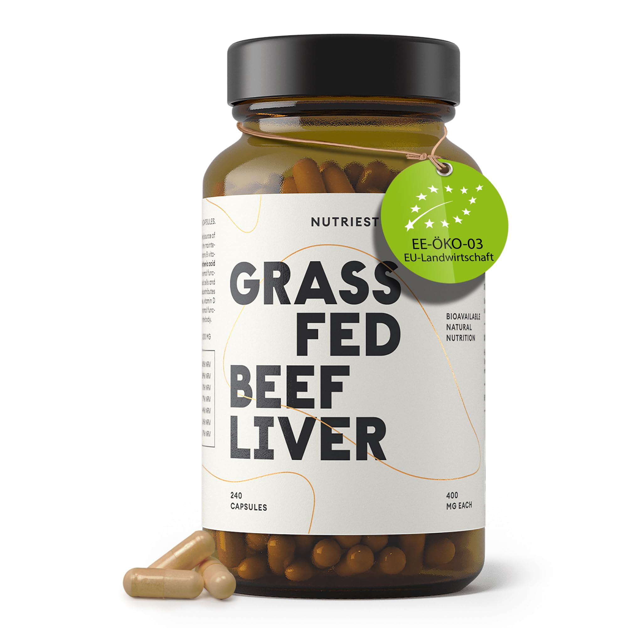 Nutriest Rinderleber Kapseln (240 Stück) – Bio-Weiderind aus Europa | 100% Weidehaltung | Für Energie, Immunsystem & Vitalität | Reich an Vitamin A, B12 & Kupfer