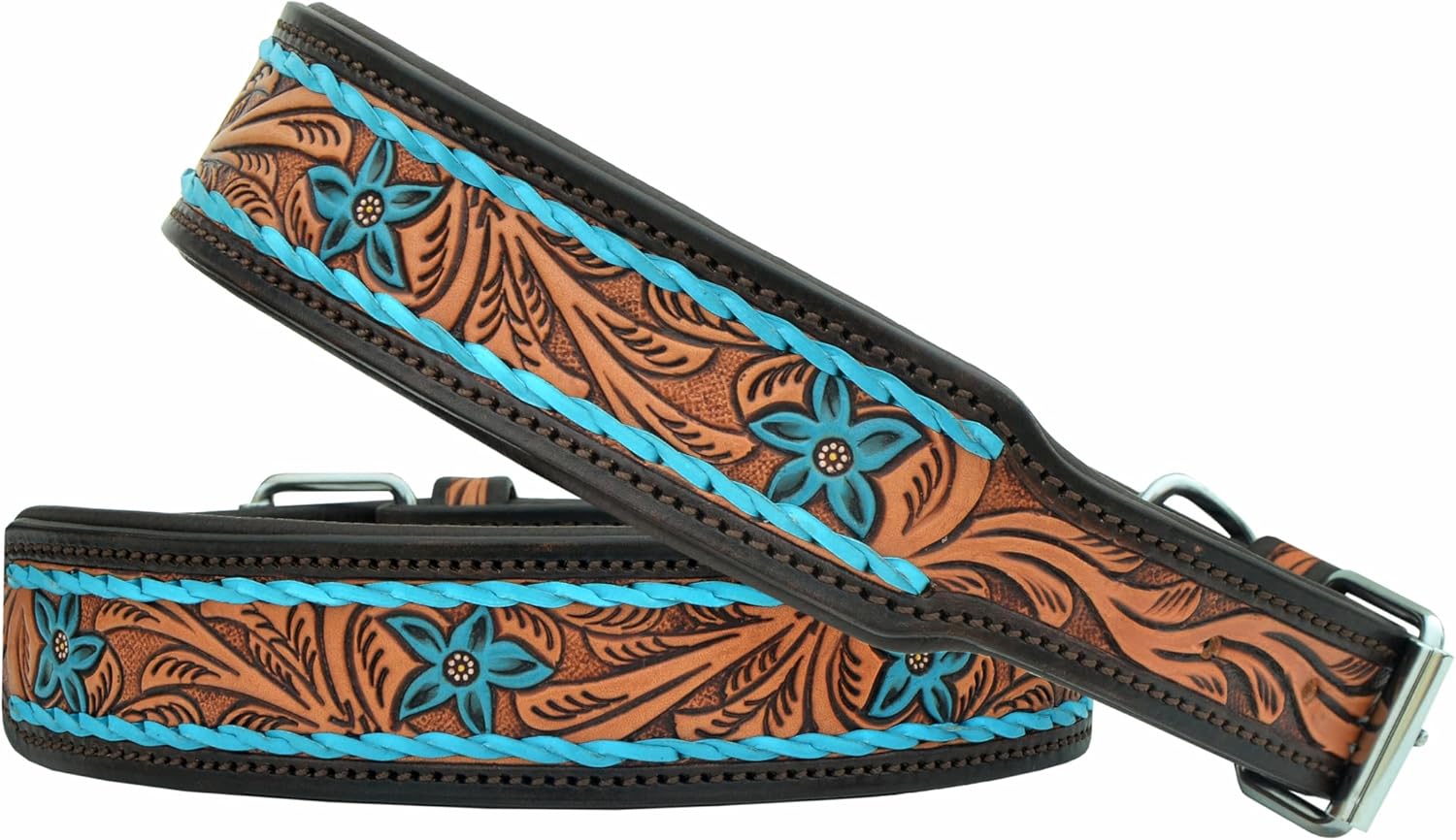 Leather Dog Collar Medium Size Western Style Heavy Duty Hand Tooled Adjustable Padded Soft for Small Puppies and Big Dogs 10AB140-M