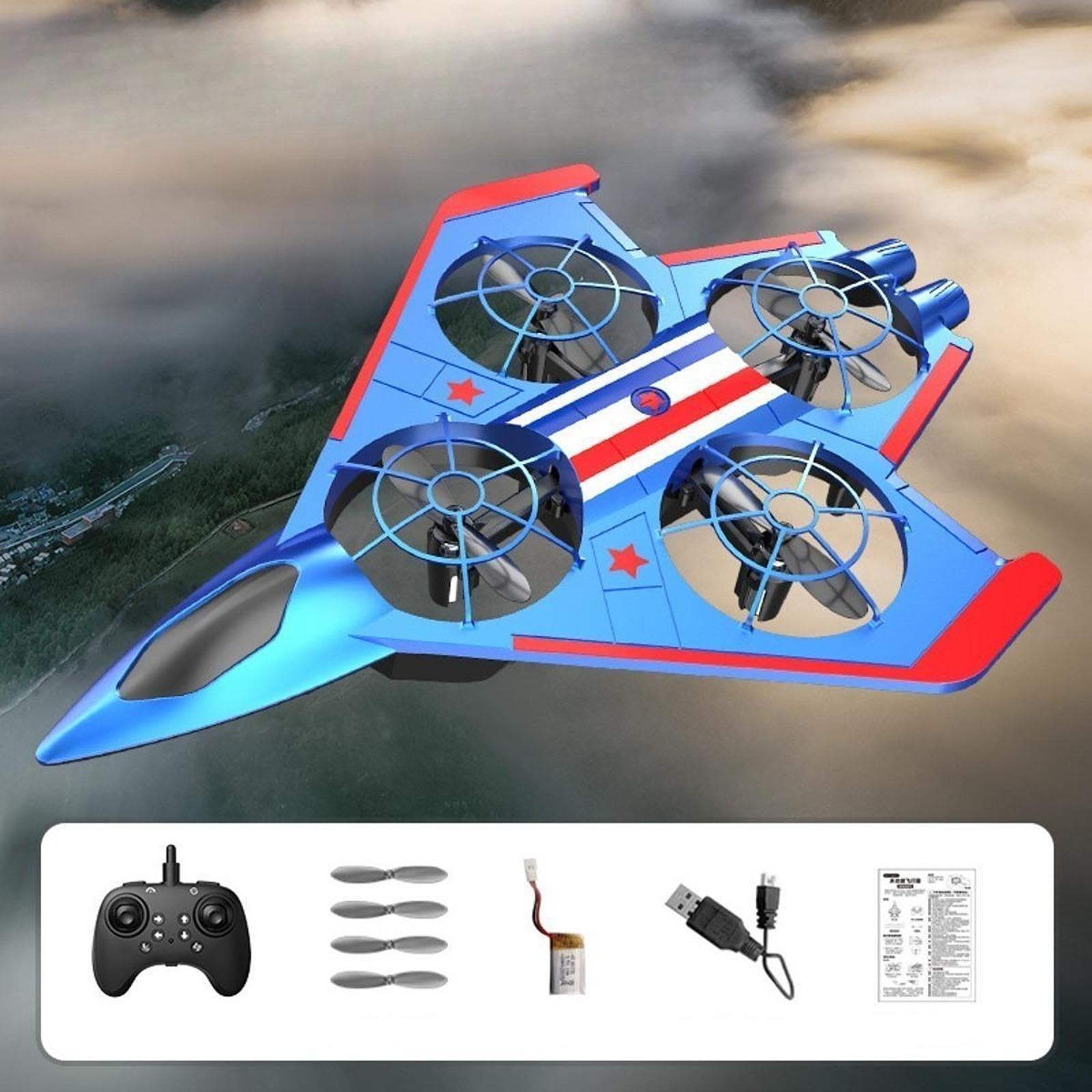 Aereo RC Radiocomandato, Jet da Combattimento Giocattolo con Fissa E Luci per Notturno, Ideale per Bambini E Bambine, Blu Rosso 1 Batteria