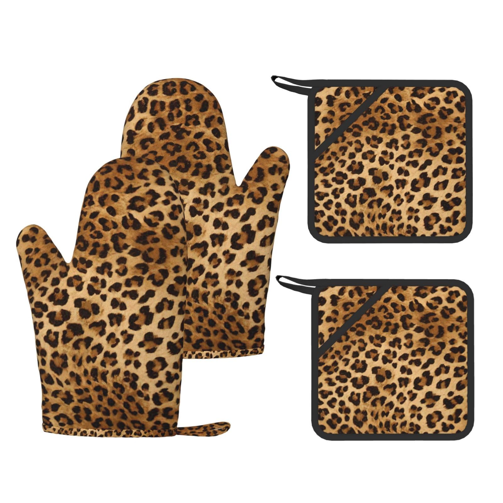 Nimongt Black Cute Leopard Print Heat Resistant Gloves Pads Reusable Kitchen Set Oven Baking Grilling Cooking