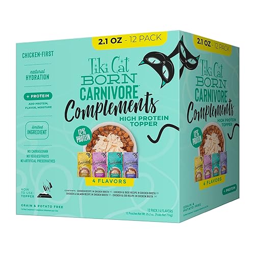 Tiki Cat Born Carnivore Complements Wet Cat Food Topper, Variety Pack 2.1 oz. Pouch (12 Count)