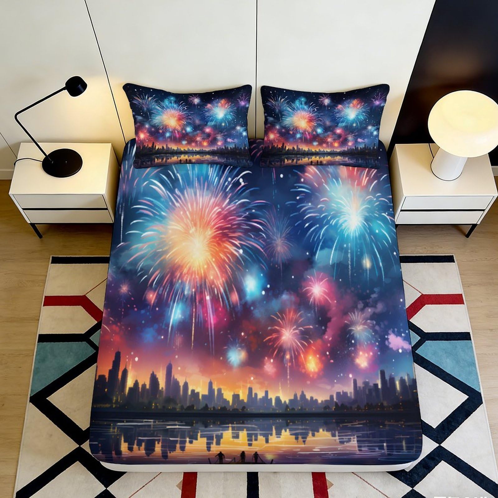 3D Printed Fireworks Night City Fitted Sheet Microfiber Soft Bed Cover for Bedroom Guest Room Dorm Mattress Decor 90x200x25cm