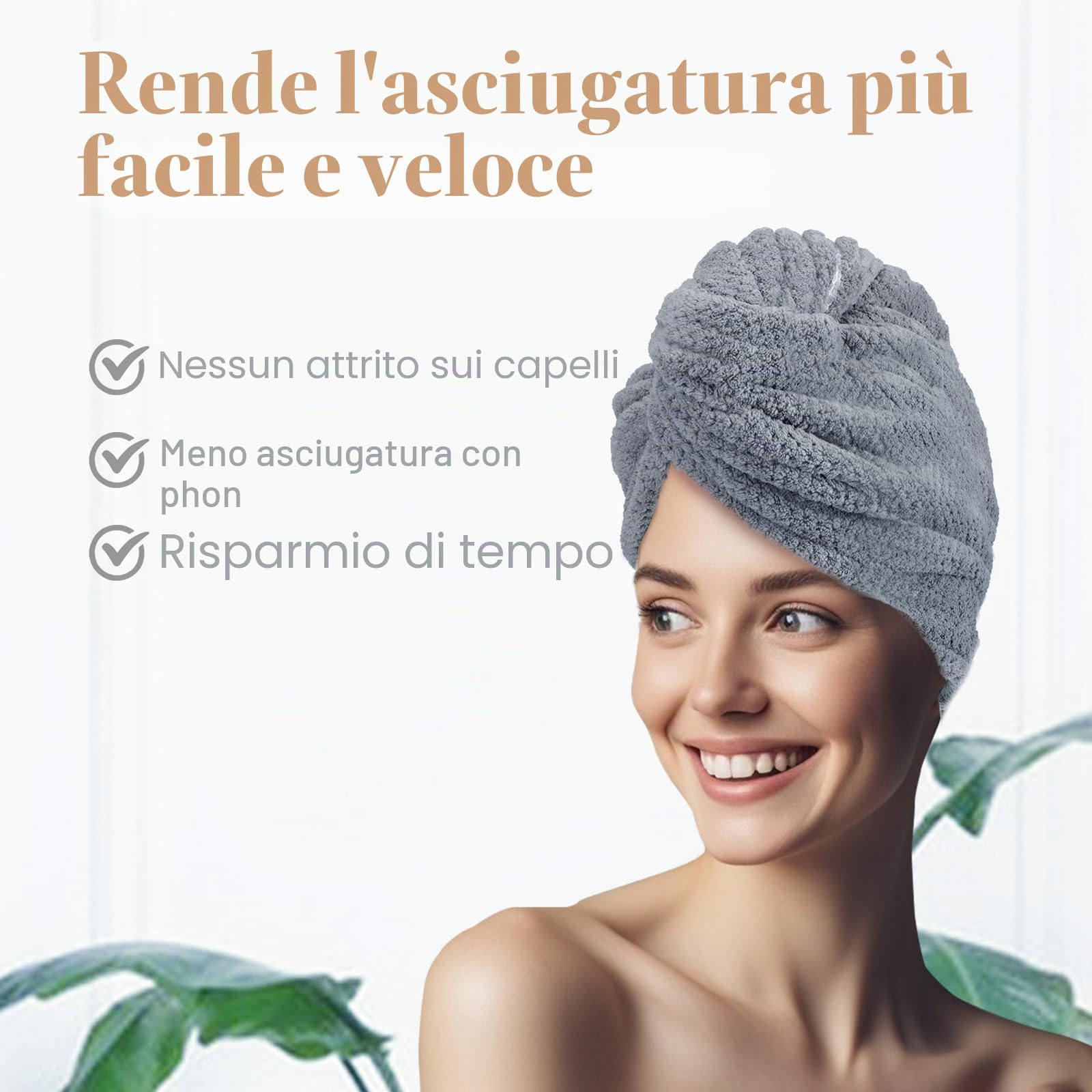 FREATECH 2-Pack Grande Asciugamano Capelli Microfibra 86 x 26 cm, Turbante Asciugacapelli per Capelli Lunghi Spessi Ricci, Super Assorbente Turbante per Capelli Anti-Crespo con Fascia Elastica