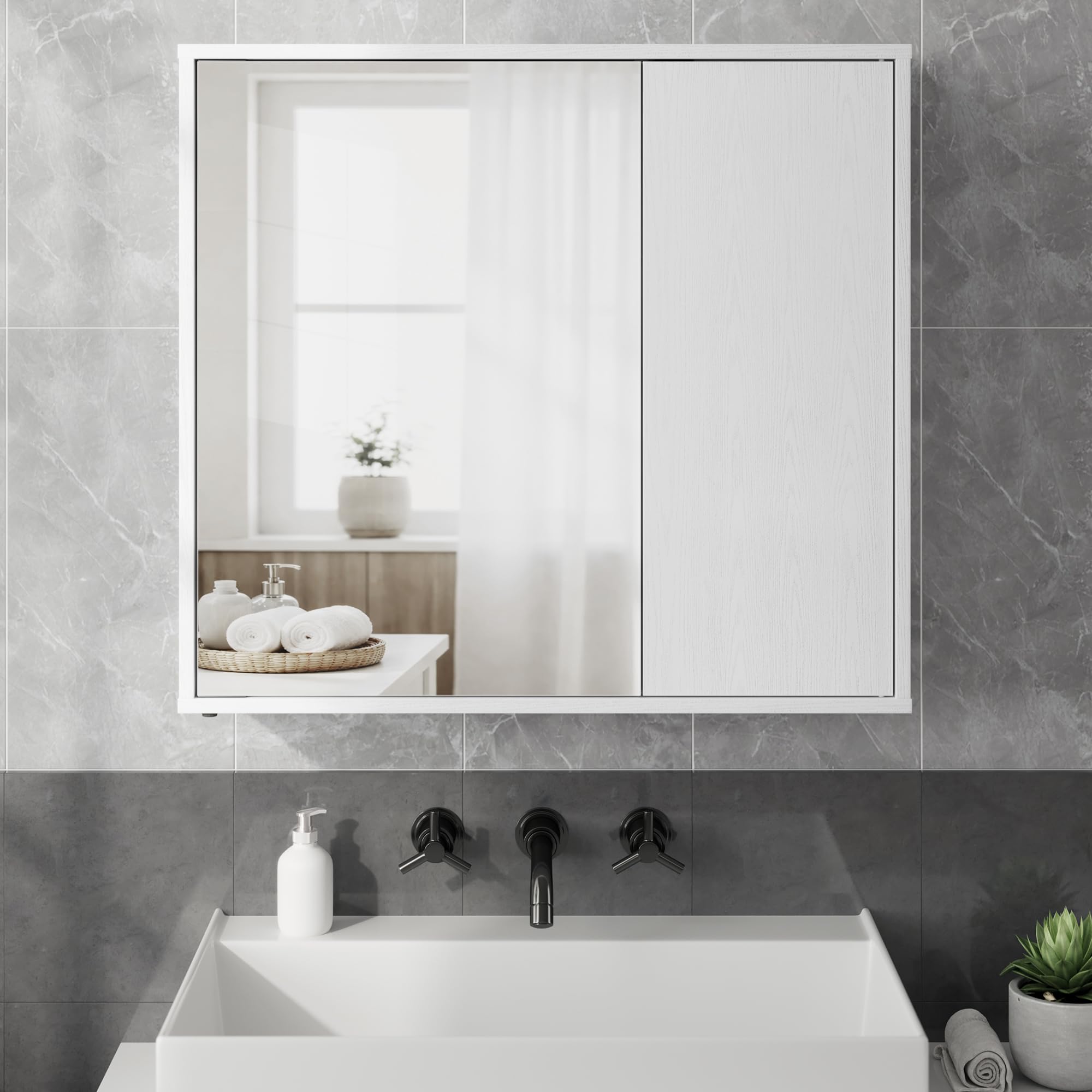 SONGMICS Home Szafka łazienkowa Mirror, technologia beznarzędziowa, superszybki montaż bez użycia narzędzi, lustro łazienkowe, regulowane półki, nowoczesne, 15 x 60 x 55 cm, Snow White BBC114WE01