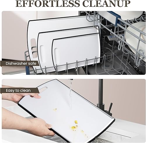 Miniatura 5 de Kikcoin Tabla de cortar antideslizante, tablas de cortar de plástico extra grandes para cocina, aptas para lavavajillas, juego de 3 con ranuras para