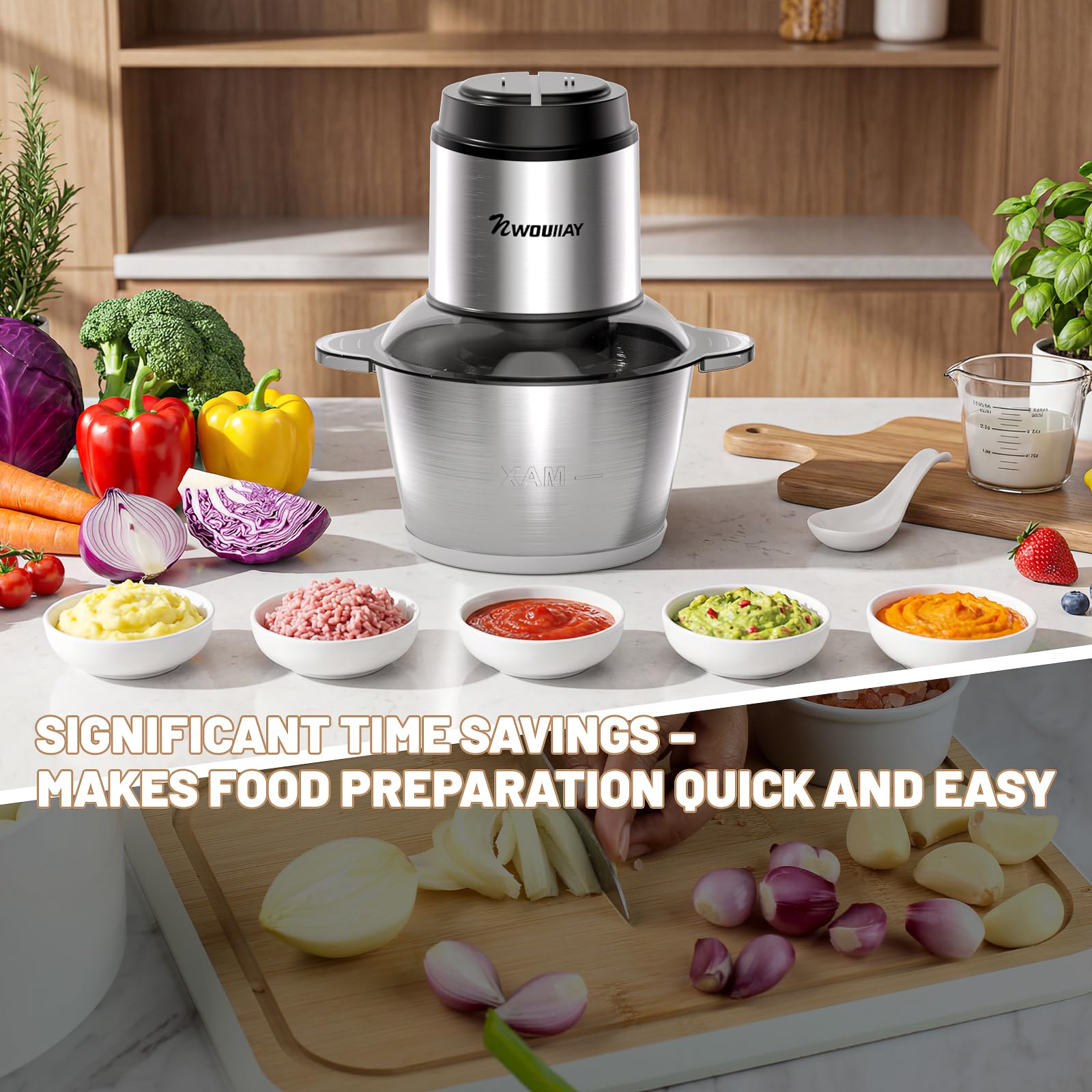 Picadora de Carne Eléctrica 300W 2L, Trituradora Multifuncional para Cocina Doméstica con 2 Velocidades y 4 Cuchillas de Acero Inoxidable, Ideal para Carne, Verduras, Frutas y Cebolla