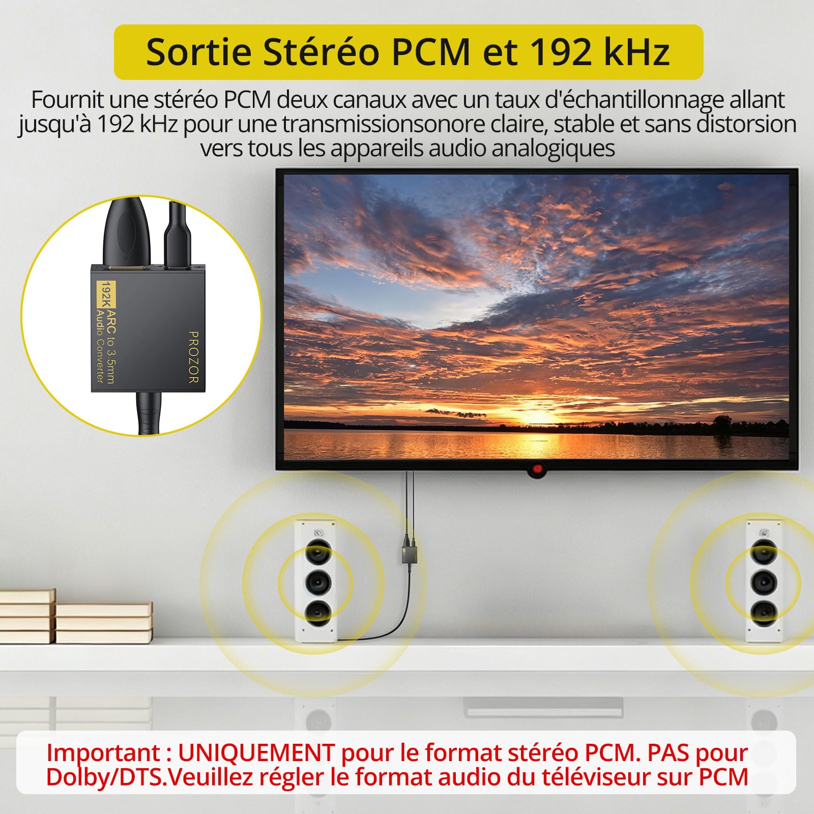 PROZOR Extracteur Audio HDMI eARC/ARC vers 3.5mm - Compatible eARC et ARC - Sortie Casque Jack - Contrôle Volume TV (CEC) - 192kHz/24bit - Pour TV, Casque Filaire, Enceintes Actives - Alimentation USB