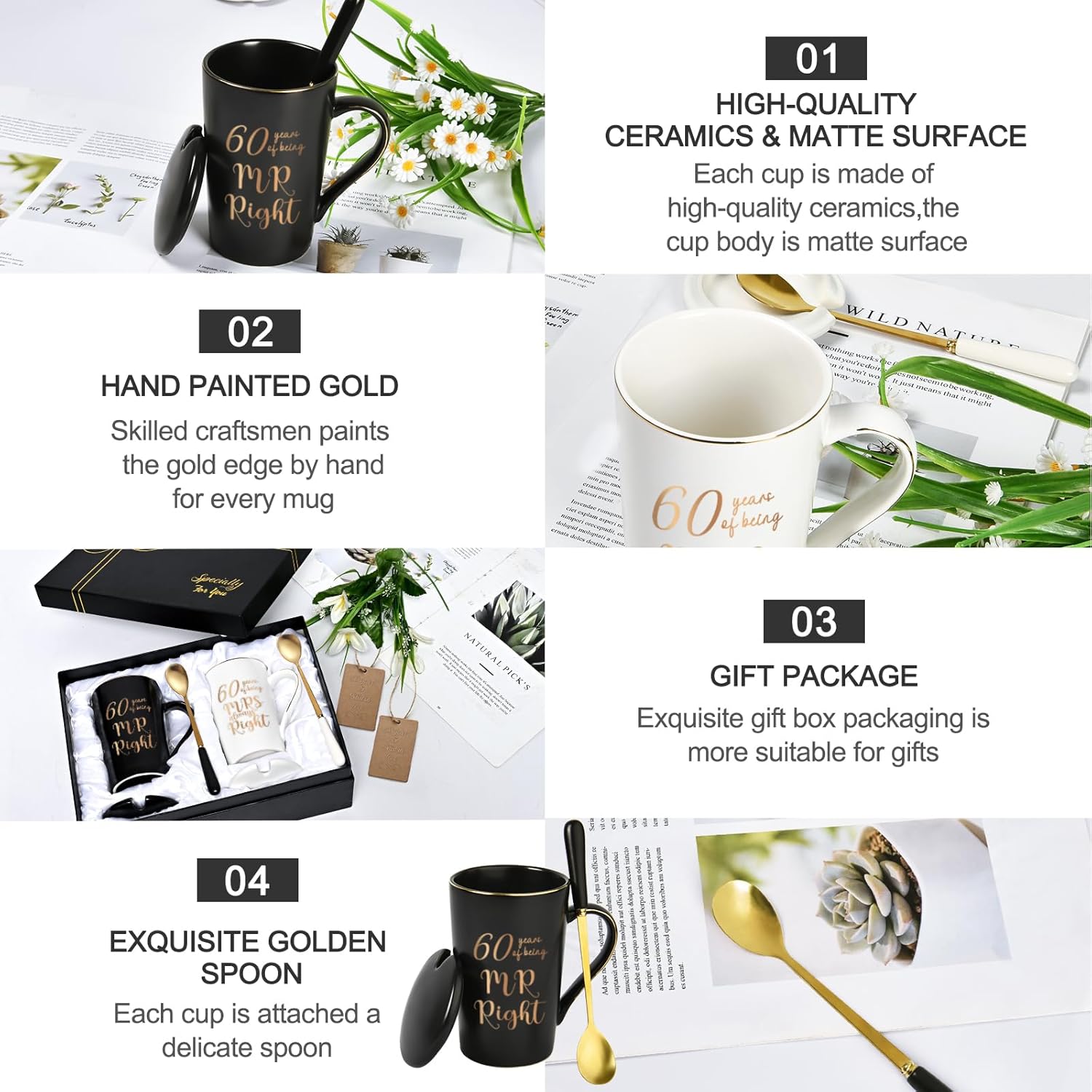 YHRJWN 60th Wedding Gifts, 60 Years of Being Mr & Mrs Always Right Mug Set 14Oz with Lids Spoons and Gift Box, Christmas Anniversary Presents for Parents Couple - Image 6